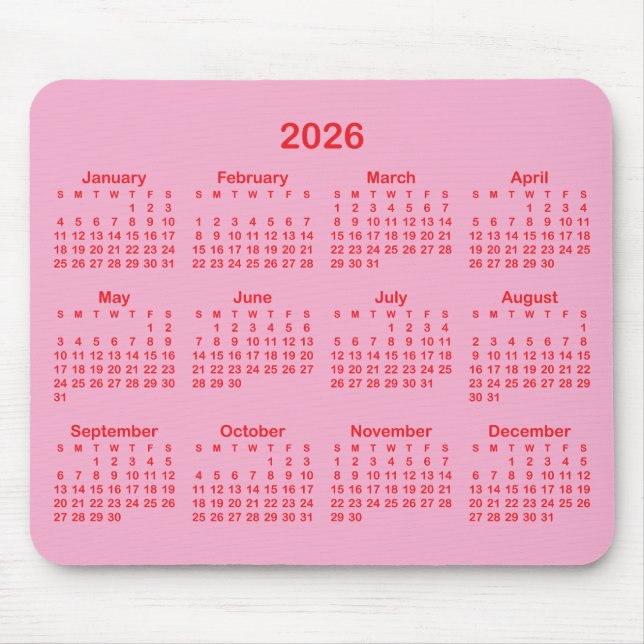 Light Pink and Red 2026 Calendar Mouse Mat (Front)