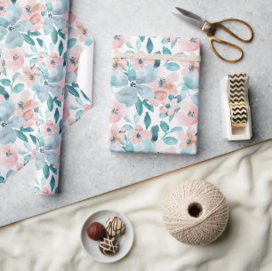 Light Pink and Teal Watercolor Floral Pattern Wrapping Paper
