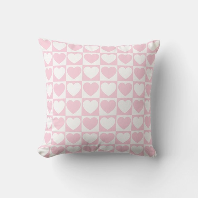 Light Pink and White Checkered Pattern With Hearts Cushion (Front)
