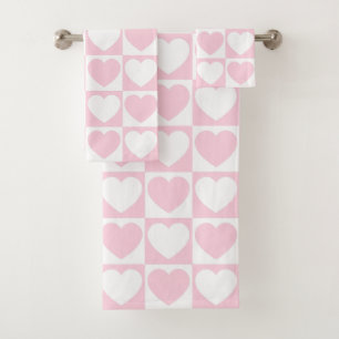 Light Pink and White Chequered Pattern With Hearts Bath Towel Set