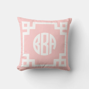 Light Pink and White Greek Key Circle Monogram BBA Cushion