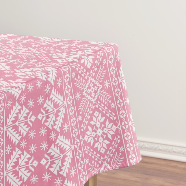 Light Pink and White Winter Fair Isle Christmas Tablecloth (In Situ)