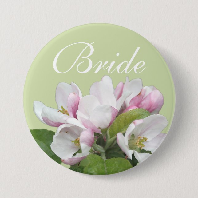 Light pink apple flower bride wedding button. 7.5 cm round badge (Front)