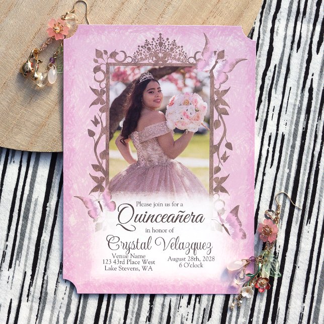Light Pink Beige Butterflies, Ornate Quinceanera Invitation (light pink quinceanera invitations, decorative fancy border frame vines leaves around photo)