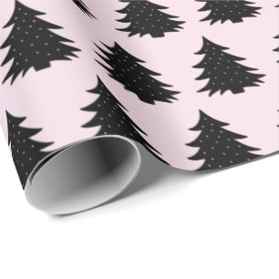 Light Pink   Black Christmas Tree Wrapping Paper