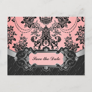 Light Pink & Black Damask Wedding Save the Dates Announcement Postcard