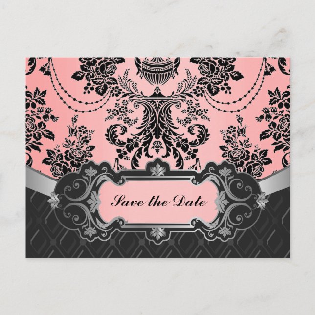 Light Pink & Black Damask Wedding Save the Dates Announcement Postcard (Front)