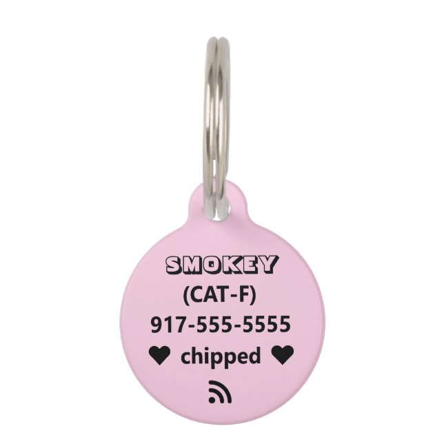 Light Pink Black Text Description Microchip Pet Tag (Front)