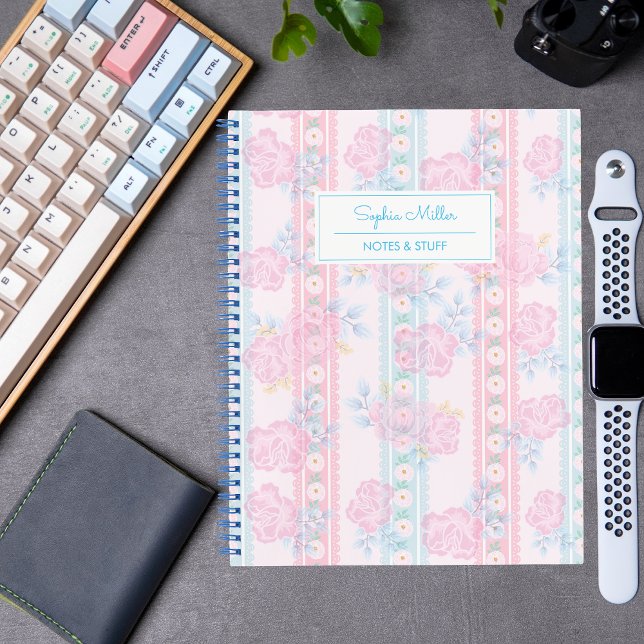 Light Pink Blue Floral Coquette Personalised Name Notebook (Creator Uploaded)