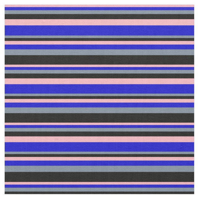 Light Pink, Blue, Light Slate Grey & Black Lines Fabric (Close Up)