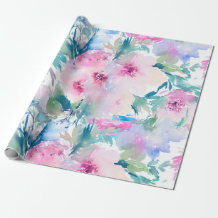 Light pink & blue water colours flowers collage wrapping paper