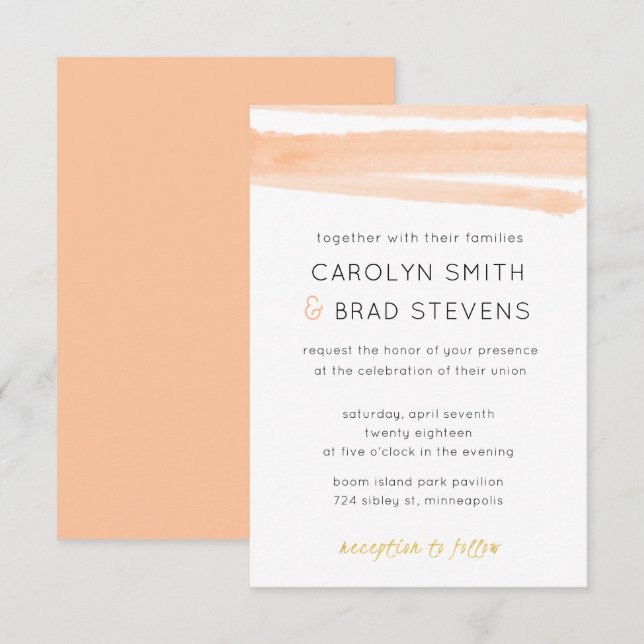 Light Pink Blush Gold Modern Watercolor Wedding Invitation (Front/Back)