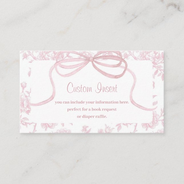 Light Pink Bow and Toile Baby Shower Enclosure Card (Front)