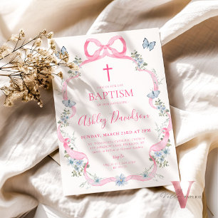 Light Pink Bow Blue Floral Wildflower Baptism Invitation
