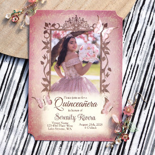 Light Pink Butterflies, Ornate Brown Quinceanera Invitation