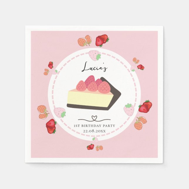 Light Pink Cake & Berry Girl First Birthday Party Napkin (Front)