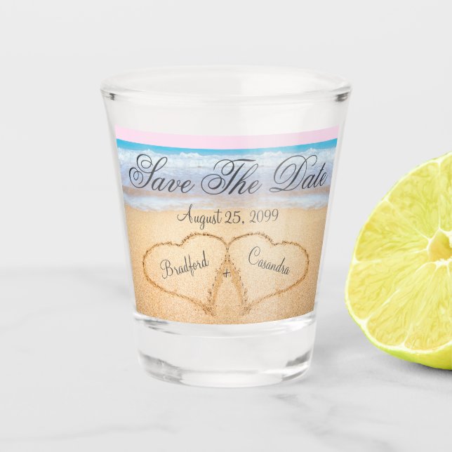 Light Pink Coastal Beach Wedding Save The Date Shot Glass (Front)