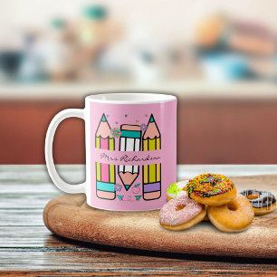 Light Pink Colourful teacher name pencil cartoon Coffee Mug
