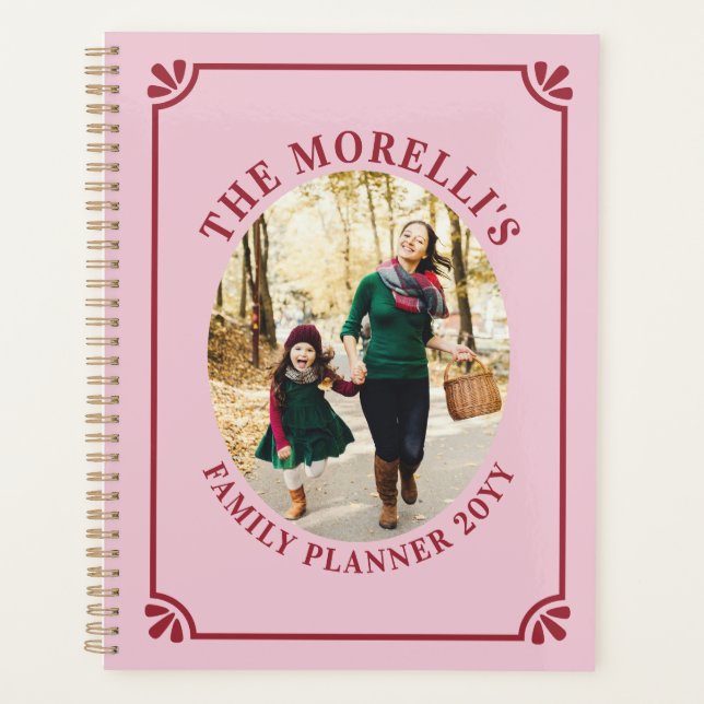 Light Pink & Crimson Oval Photo Family Planner (Front)