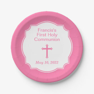 Light Pink Cross Girl's First Holy Communion Paper Plate