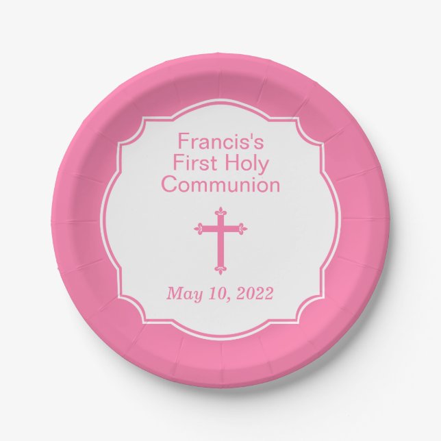 Light Pink Cross Girl's First Holy Communion Paper Plate (Front)