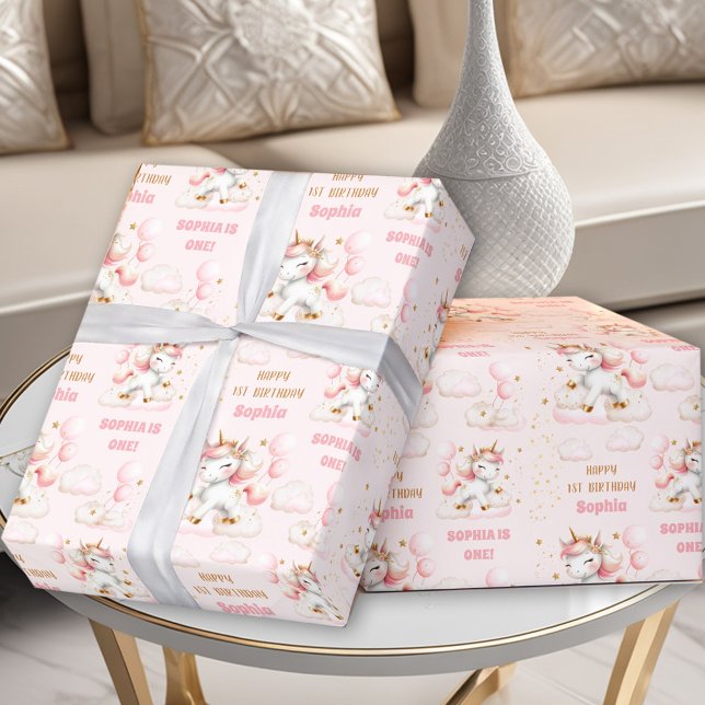 Light Pink Cute Unicorn Girl 1st Birthday Name Wrapping Paper (Light Pink Cute Unicorn Girl 1st Birthday Name Wrapping Paper)