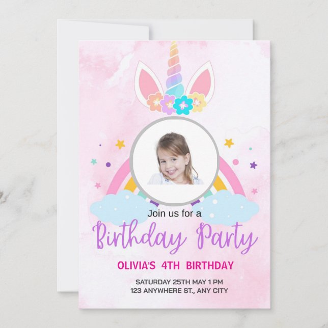 Light Pink Cute Unicorn Stars 4TH Birthday Invitation (Front)