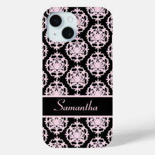 Light Pink Damask on Black iPhone 15 Case