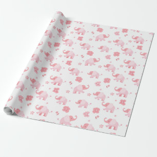 Light Pink Elephants and Pink Flowers Gift Wrap