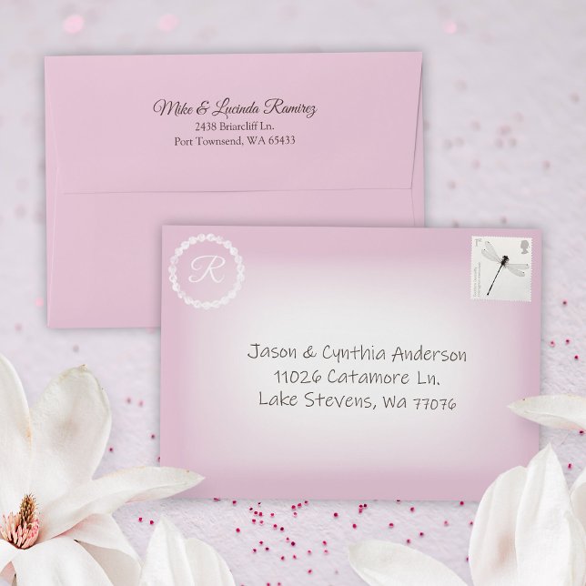 Light Pink Fade White Pre-addressed 5x7 Monogram Envelope (Light pink, dusty pink, baby girl pink 5x7 invitation envelopes with address preprinted)