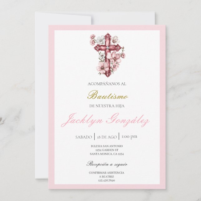 Light pink floral baptism  invitation (Front)