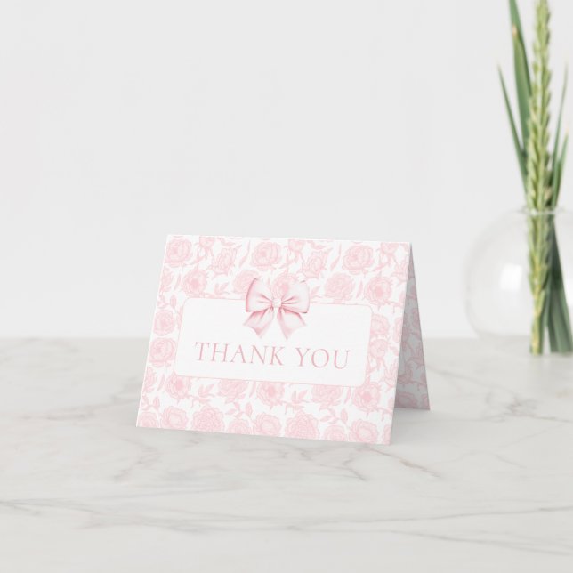 Light Pink Floral Bow Baby Girl Shower Foldable Thank You Card (Front)
