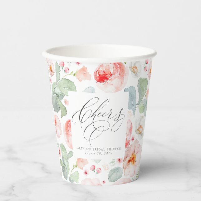 Light Pink Floral Elegant Cheers Paper Cups (Front)