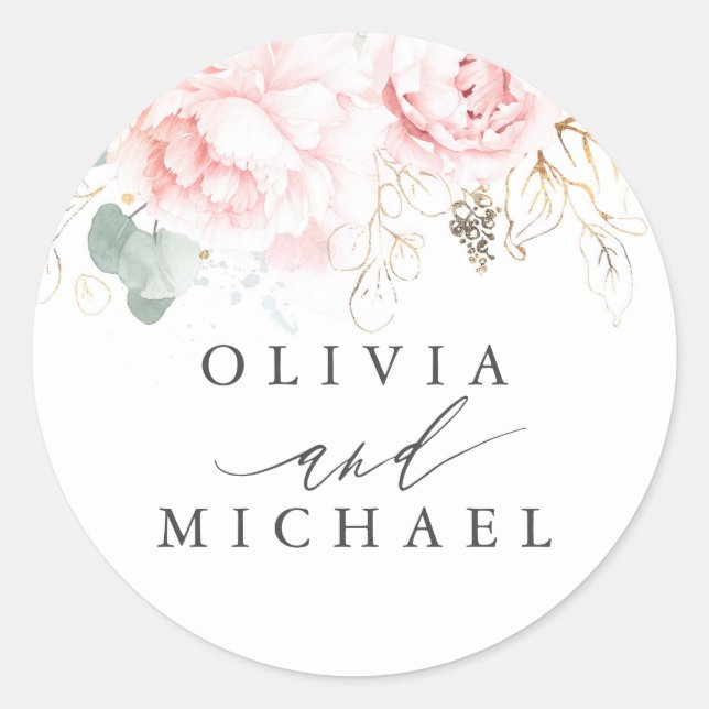 Light Pink Flowers Elegant Modern Wedding Classic Round Sticker (Front)