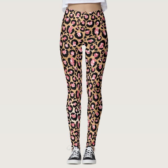 Light Pink Foil & Gold Glam Glitter Leopard Spots Leggings (Front)