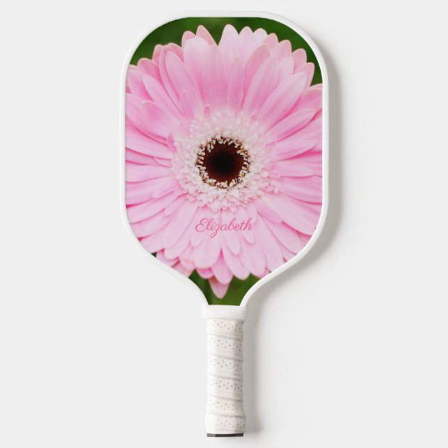 Light Pink Gerbera Daisy Floral Personalised Pickleball Paddle (Front)