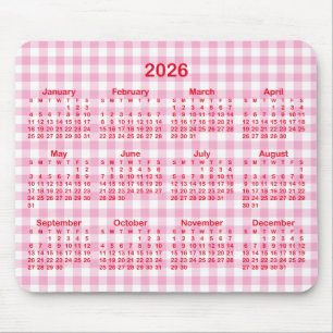 Light Pink Gingham Plaid Red 2026 Calendar Mouse Mat