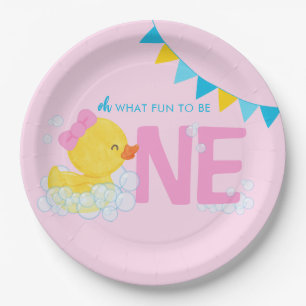 Light Pink Girl Watercolor Duck ONE 1st Birthday Paper Plate