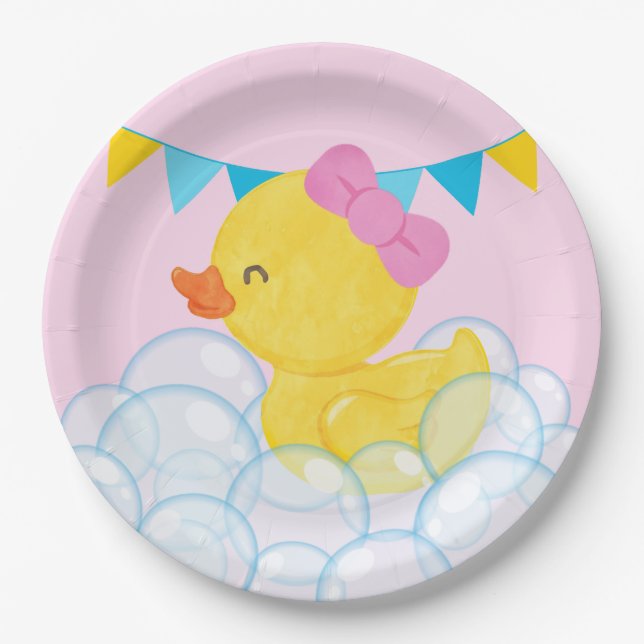Light Pink Girl Watercolor Rubber Duck Party  Paper Plate (Front)