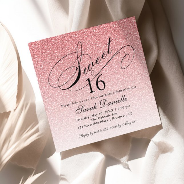 Light Pink Glam Glitter Sweet 16 Square Invitation (Creator Uploaded)