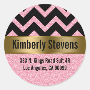 Light Pink Glitter Black Chevron Gold Accents Classic Round Sticker