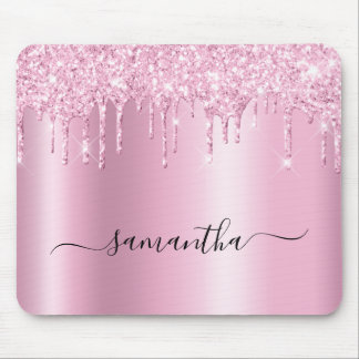 Light Pink Glitter Drips Shimmer Glam Name Mouse Mat