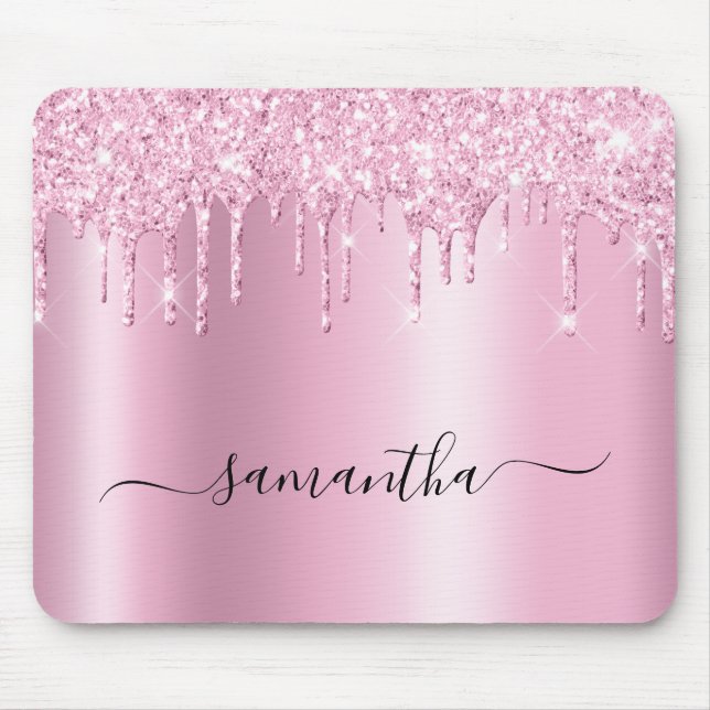 Light Pink Glitter Drips Shimmer Glam Name Mouse Mat (Front)