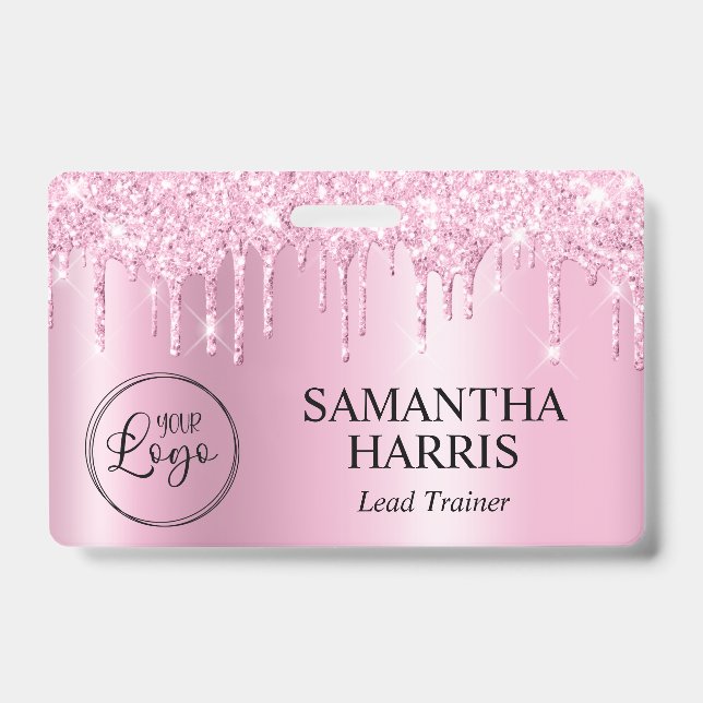 Light Pink Glitter Drips Shimmer ID Badge (Front)