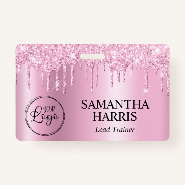 Light Pink Glitter Drips Shimmer ID Badge (Front)