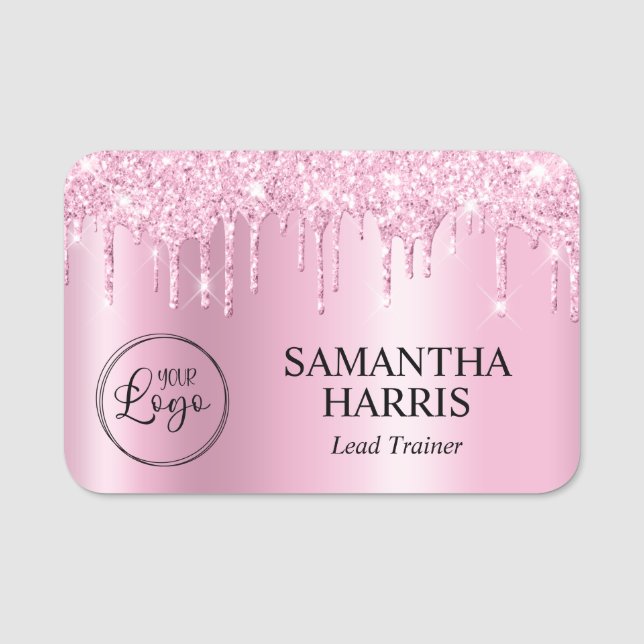 Light Pink Glitter Drips Shimmer Name Tag (Front)