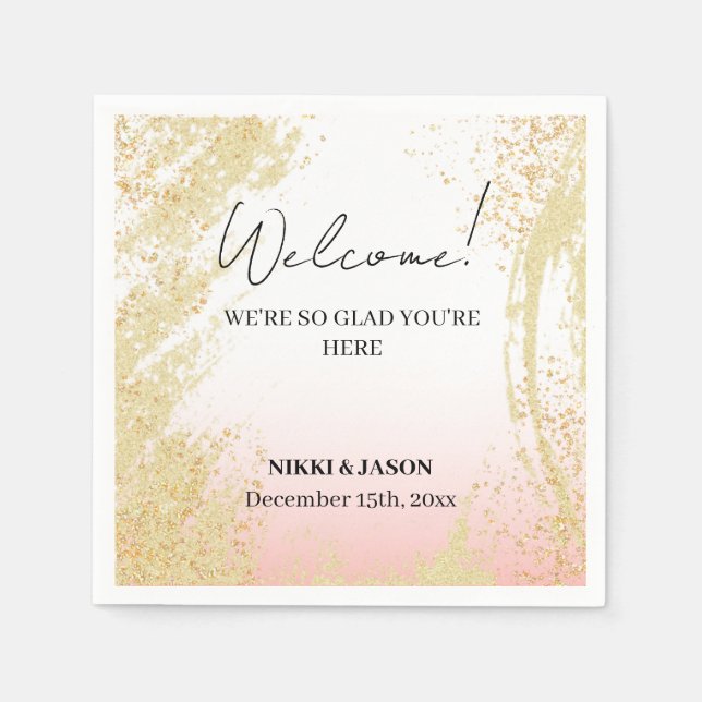 Light Pink Glitter Golden Splash Wedding Welcome  Napkin (Front)