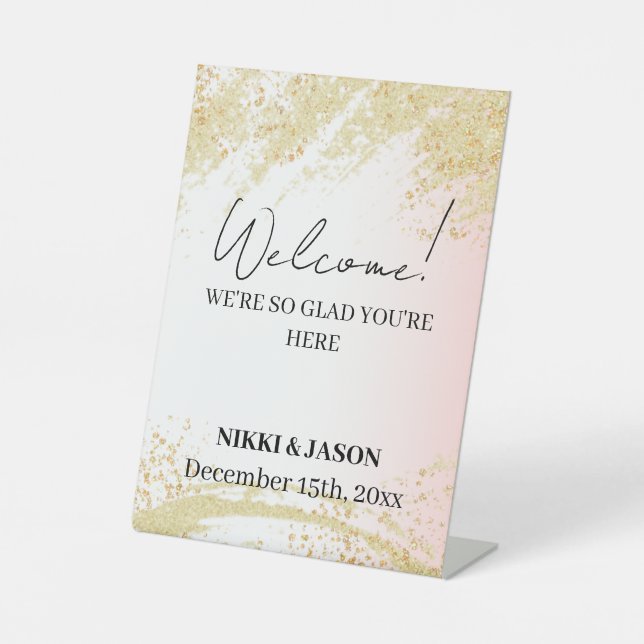 Light Pink Glitter Golden Splash Wedding Welcome  Pedestal Sign (Front)