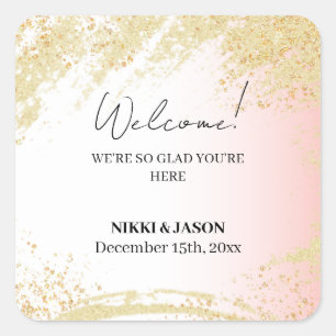 Light Pink Glitter Golden Splash Wedding Welcome  Square Sticker