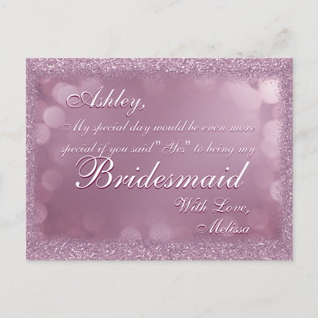 Light Pink Glitter - Will You Be My Bridesmaid? Invitation Postcard (Front)